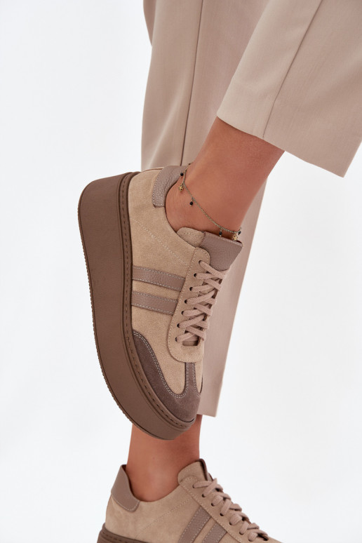 „Zazoo 3775“ smėlio spalvos odiniai zomšos moteriški sportbačiai su platforma