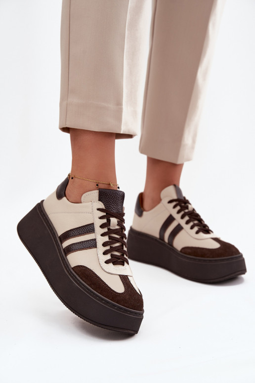 „Zazoo 3775“ smėlio ir šokolado spalvos moteriški odiniai platforminiai sportbačiai