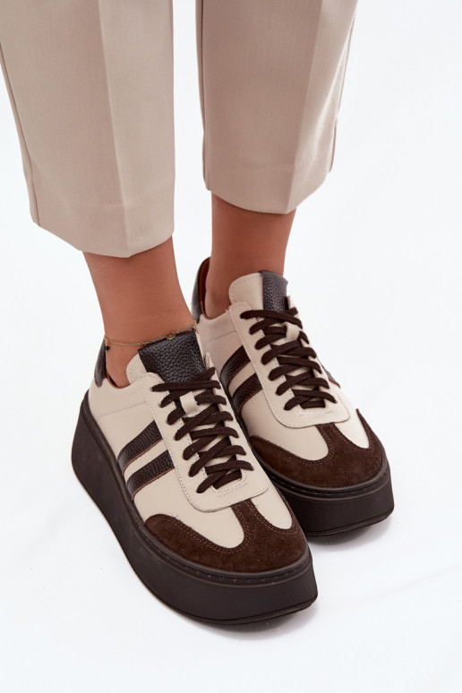 „Zazoo 3775“ smėlio ir šokolado spalvos moteriški odiniai platforminiai sportbačiai