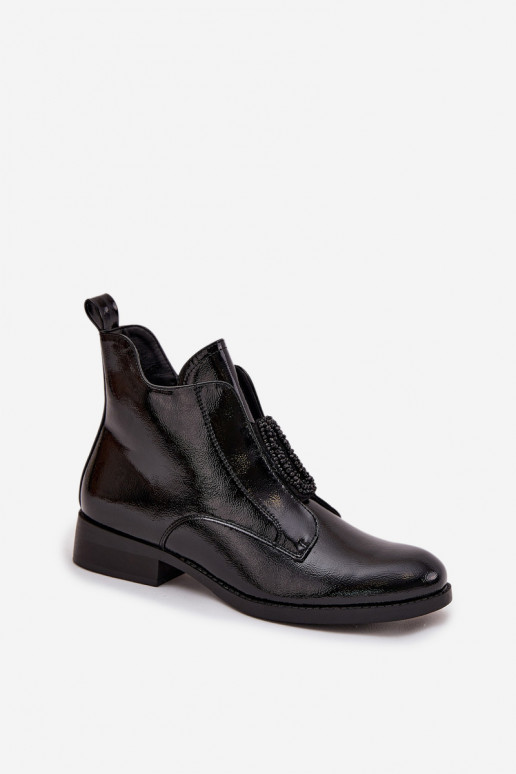 S.Barski HY52-525 juodi lakuotos odos moteriški aulinukai iki kulkšnių su dekoratyvinėmis detalėmis