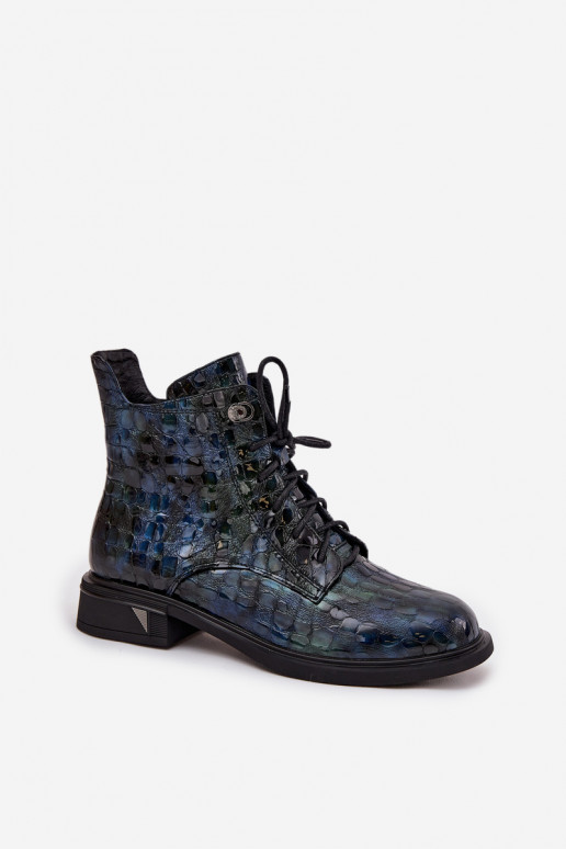 D&A LZ52-962 tamsiai mėlyni lakuotos odos moteriški aulinukai iki kulkšnių