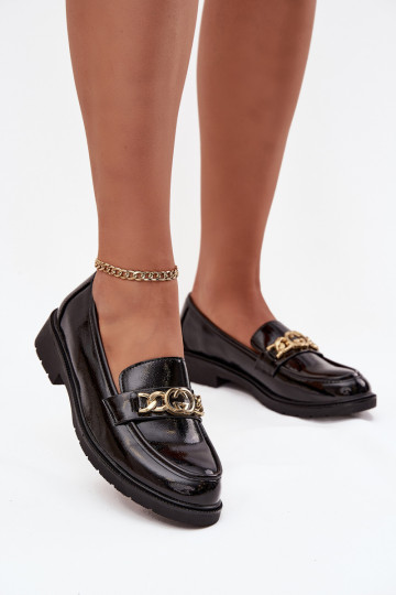 Moteriški lakuotos odos mokasinai su auksine dekoracija S.Barski HY52-539 juodi