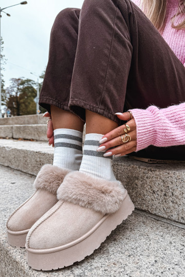 Moteriški smėlio spalvos „Querina“ platforminiai sniego batai su kailiu ir siuvinėjimais