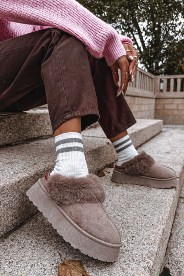 Moteriški platforminiai sniego batai su kailiu ir siuvinėjimu, tamsiai smėlio spalvos, „Querina“