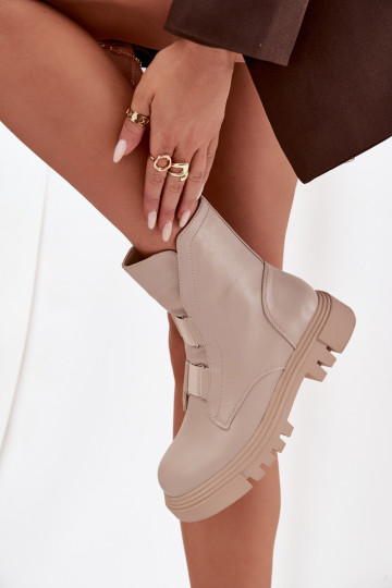 Šilti moteriški aulinukai iki kulkšnių su užtrauktuku, eko oda, šviesiai smėlio spalvos, „Mailyra“