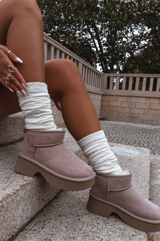 Moteriški sniego batai iš natūralios zomšos su kailio pamušalu, chaki spalvos, Milora