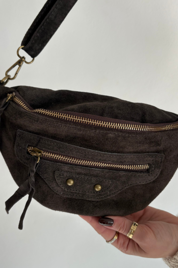 „Romilly“ šokolado spalvos natūralios zomšos juosmens krepšys