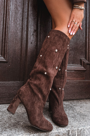 Moteriški aulinukai su pašiltinimu, aukštakulniu ir dekoratyvinėmis detalėmis šokolado spalvos „Lucinda“