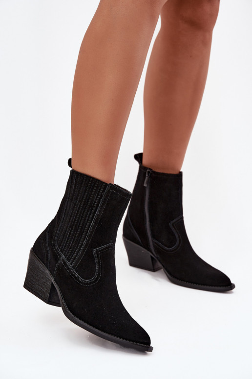 Zomšiniai moteriški kaubojiški aulinukai su kulnu, izoliuoti, juodi Dylira