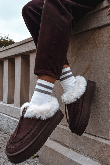 Moteriški sniego batai su kailiu ant platformos šokolado spalvos „Rosmira“