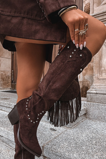 Moteriški šokolado spalvos „Darella“ kaubojiški aulinukai su papuošimu ant kulno