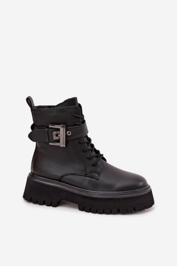 Moteriški odiniai aulinukai iki kulkšnių su šiltomis detalėmis ir dekoratyvine sagtimi D&A MK52-032 juodi 2