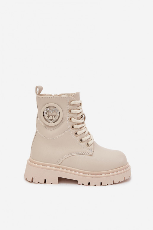 Mergaitiški aulinukai su kailio pamušalu ir MEILĖS dekoracija, smėlio spalvos, Rosaira