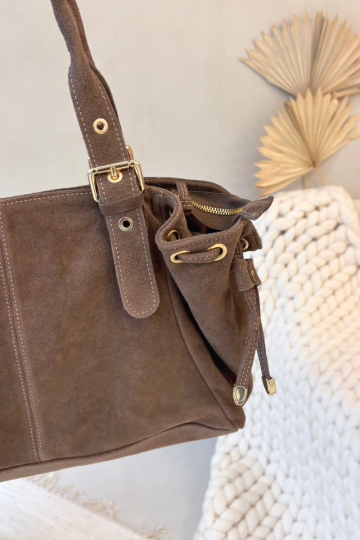 Ovelia tamsiai smėlio spalvos odinė zomšos rankinė