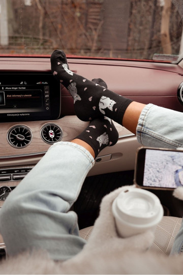 Moteriškos kojinės su kačių ir širdelių raštu, juodos