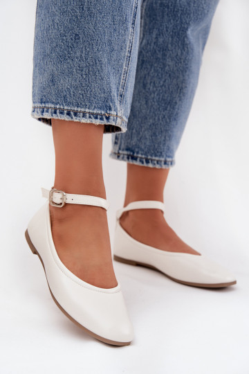 Janelor moteriški baleto bateliai su dirželiu ir sagtimi, balti