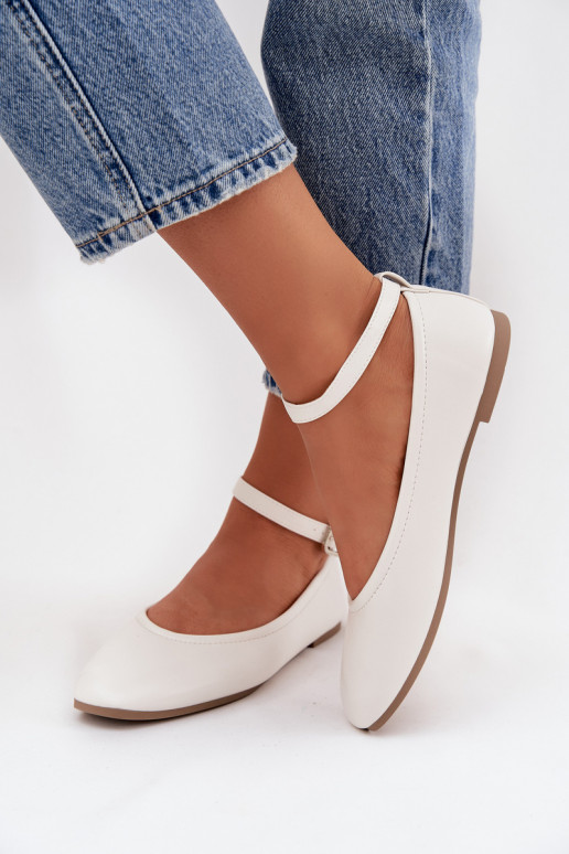 Janelor moteriški baleto bateliai su dirželiu ir sagtimi, balti