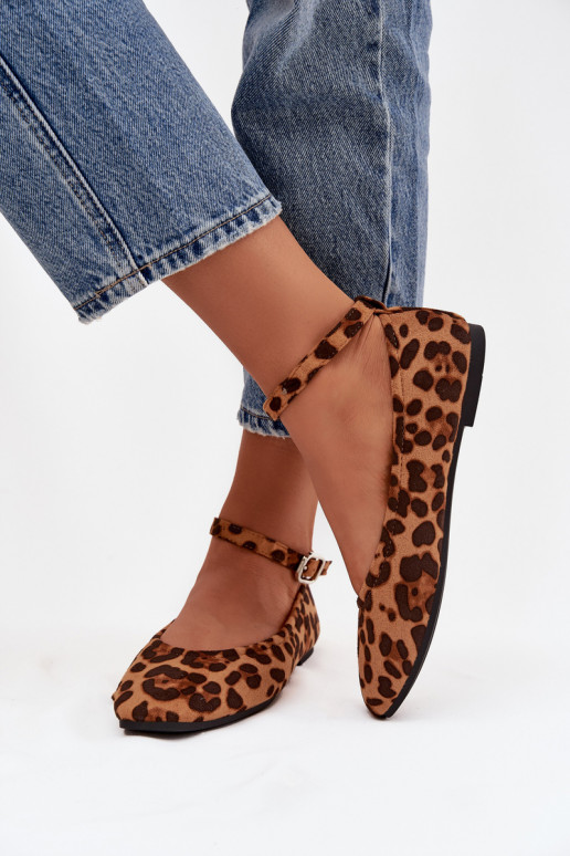 Janelor moteriški leopardo rašto baleto bateliai su dirželiu ir sagtimi