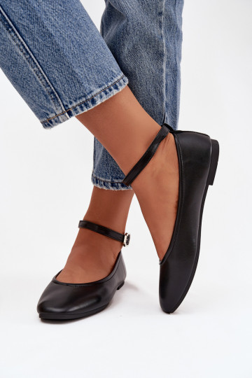 Janelor moteriški juodi baleto bateliai su dirželiu ir sagtimi