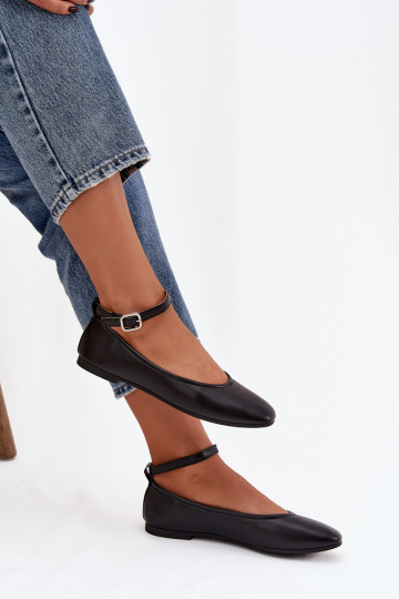 Janelor moteriški juodi baleto bateliai su dirželiu ir sagtimi