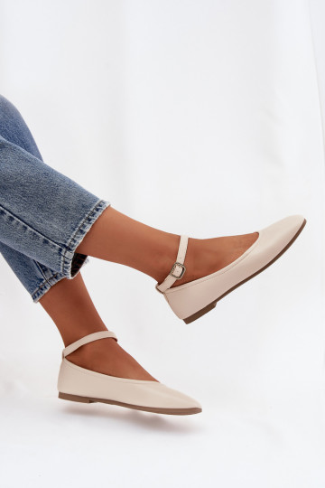 Janelor moteriškos balerinos su dirželiu ir sagtimi smėlio spalvos