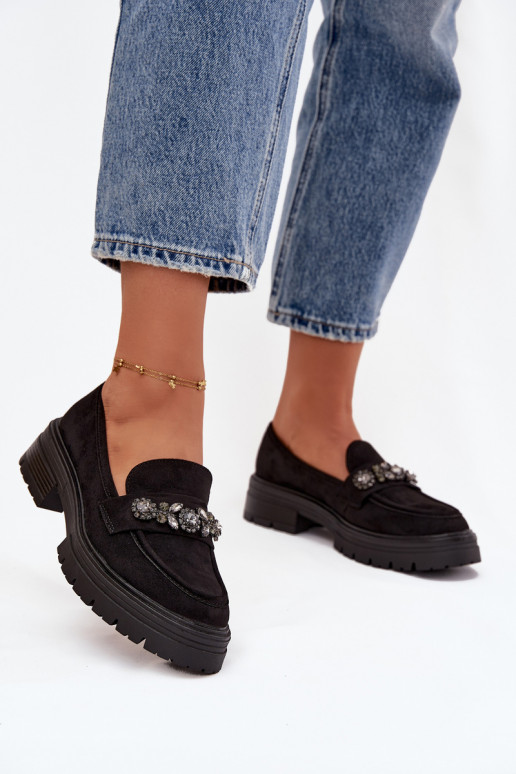 Moteriški mokasinai su kristalais, ekologiškos zomšos, juodos spalvos, „Lavisse“