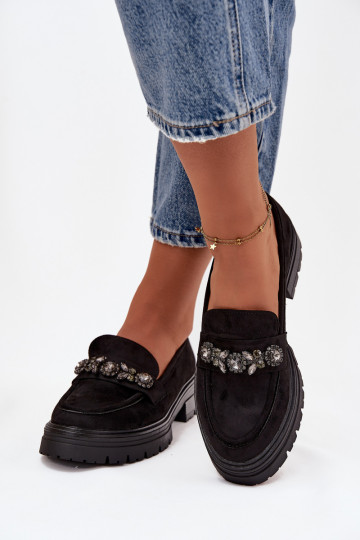 Moteriški mokasinai su kristalais, ekologiškos zomšos, juodos spalvos, „Lavisse“ 2
