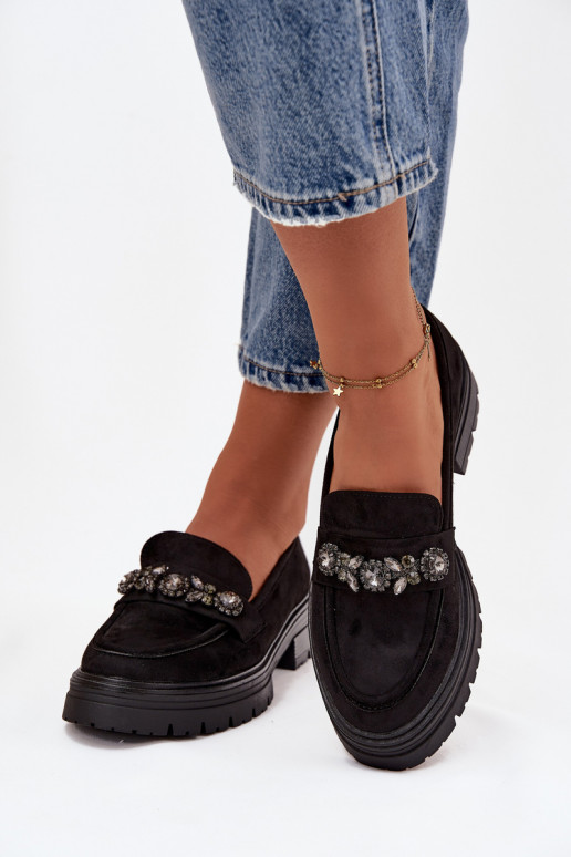 Moteriški mokasinai su kristalais, ekologiškos zomšos, juodos spalvos, „Lavisse“