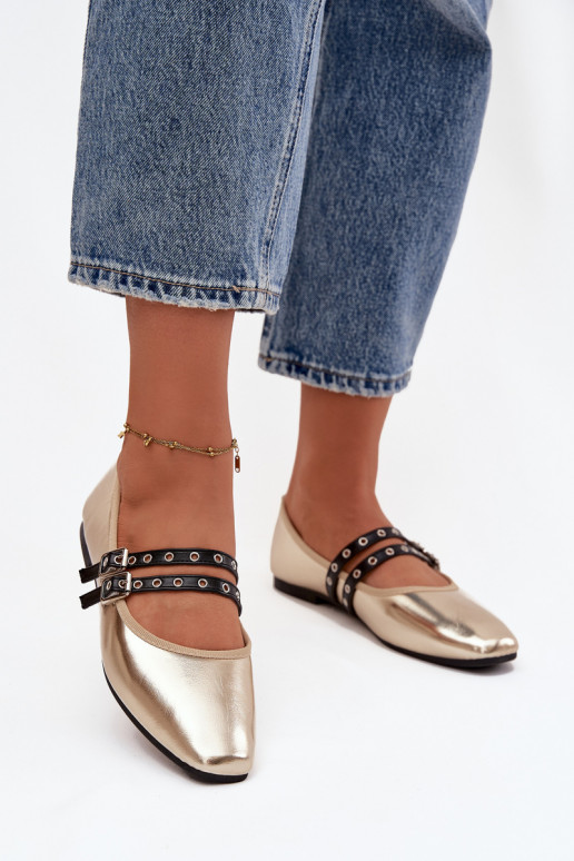 Moteriškos balerinos su dirželiais, auksinės spalvos, Deliora