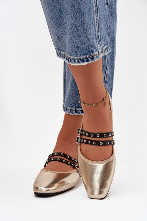 Moteriškos balerinos su dirželiais, auksinės spalvos, Deliora