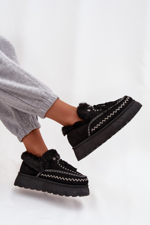 Moteriški platforminiai sniego batai su kailiu ir kutais, juodi...