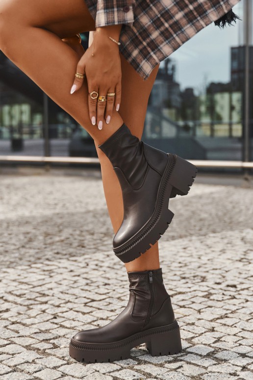 Moteriški aulinukai iki kulno su storu kulnu ir platforma, eko oda, rudi, Elvianne