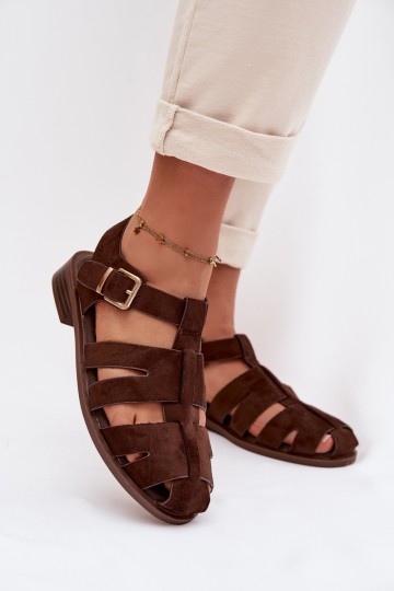Janessa šokolado spalvos moteriškos romėniškos basutės su auksine sagtimi