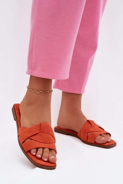 Moteriškos plokščios šlepetės su dirželiais „Eco Suede“ oranžinės spalvos „Florane“