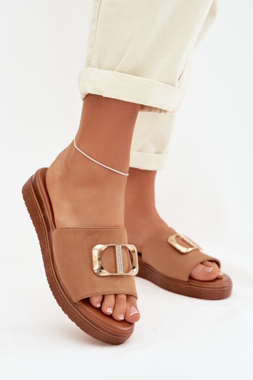 Moteriškos šlepetės su auksinėmis detalėmis Camel spalvos Elmera