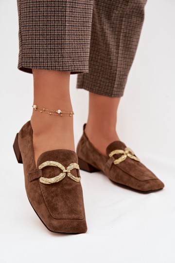 Moteriški natūralios zomšos mokasinai su auksinėmis detalėmis D&A CR61-3115 Rudi 2