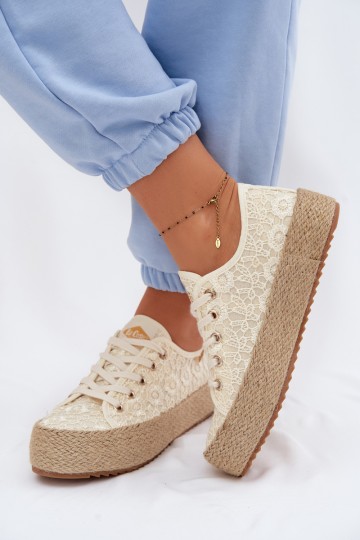 Lee Cooper nėriniuoti espadrilių platforminiai sportbačiai LCW-26-31-4328 smėlio spalvos