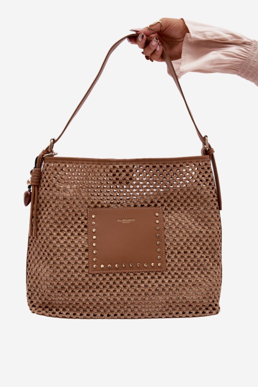 Flora&Co Fayette šviesiai ruda austa vasarinė rankinė su raktų pakabuku