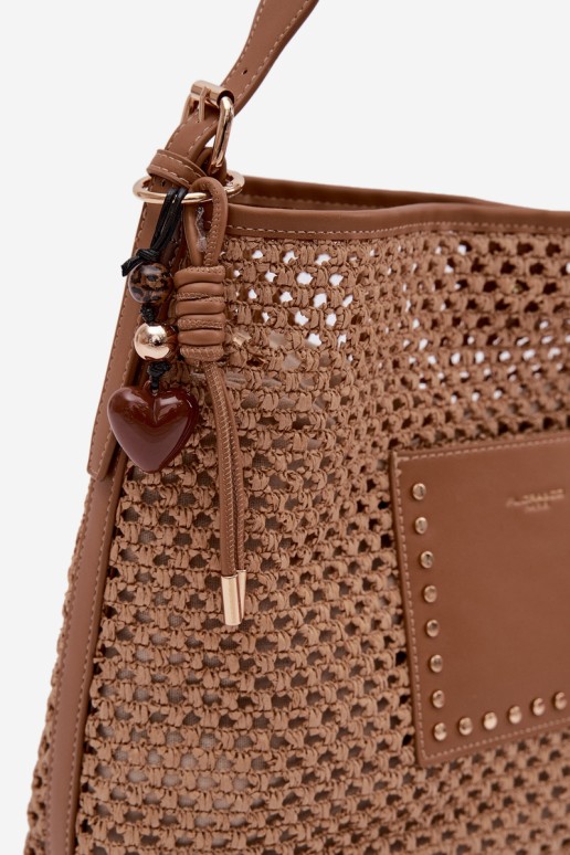 Flora&Co Fayette šviesiai ruda austa vasarinė rankinė su raktų pakabuku