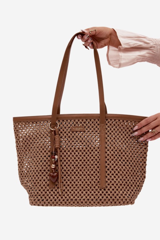 Flora&Co Noella šviesiai rudas austas pirkinių krepšys su raktų pakabuku