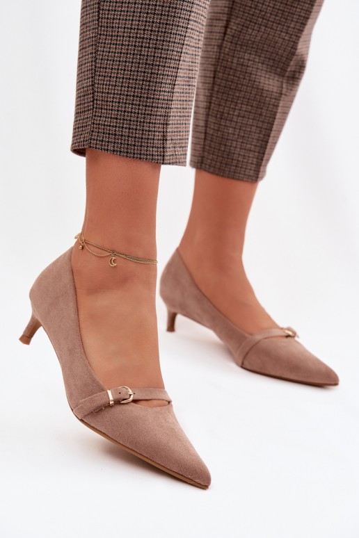 Moteriški bateliai žemu kulniuku ir dekoratyviniu dirželiu, tamsiai smėlio spalvos, „Pirela“