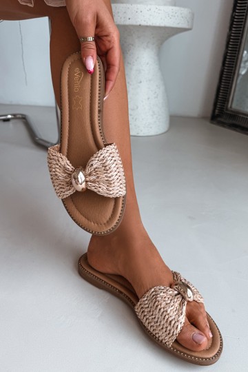 Moteriškos pintos šlepetės su auksinėmis detalėmis smėlio spalvos „Goldie“
