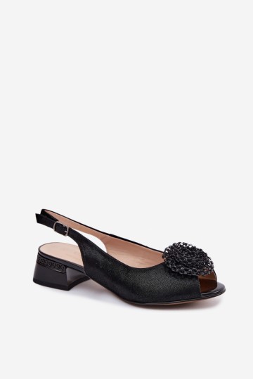 D&A CR61-3030 moteriškos odinės basutės su blokiniu kulnu ir papuošimais, juodos spalvos