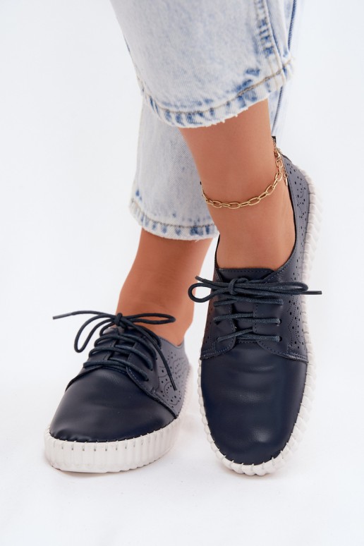 Pearla tamsiai mėlyni ažūriniai moteriški bateliai su raišteliais